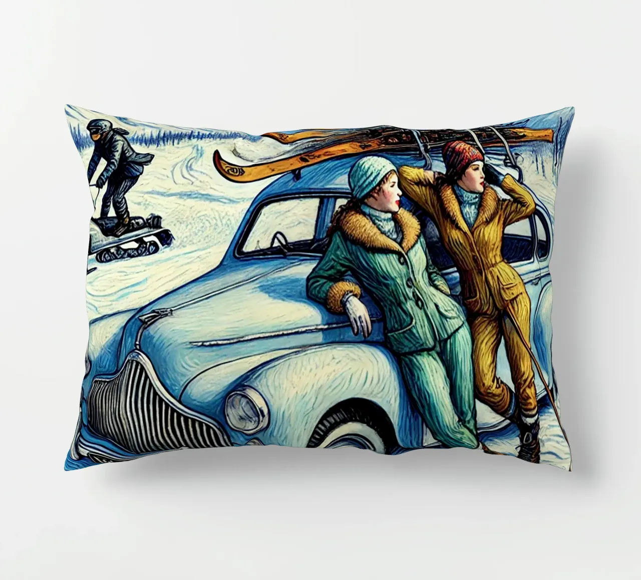 Skiing Ladies Snowmobile cuscino da Vintage Van Gogh