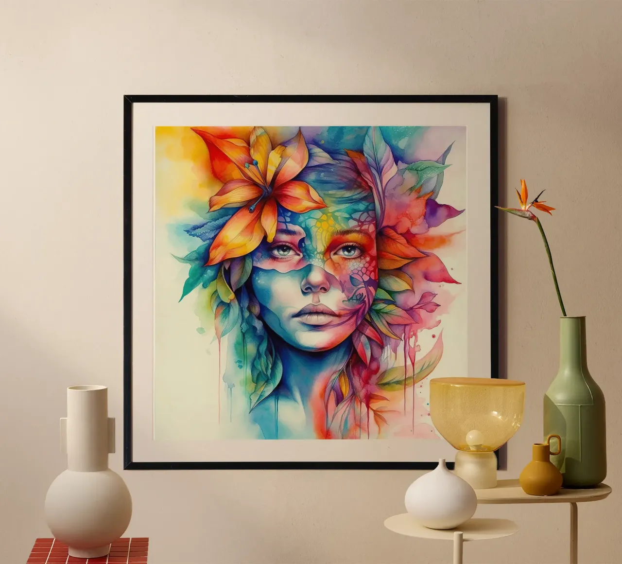 Acquerello Donna tropicale poster con telaio in legno da Chromatic Fusion Studio