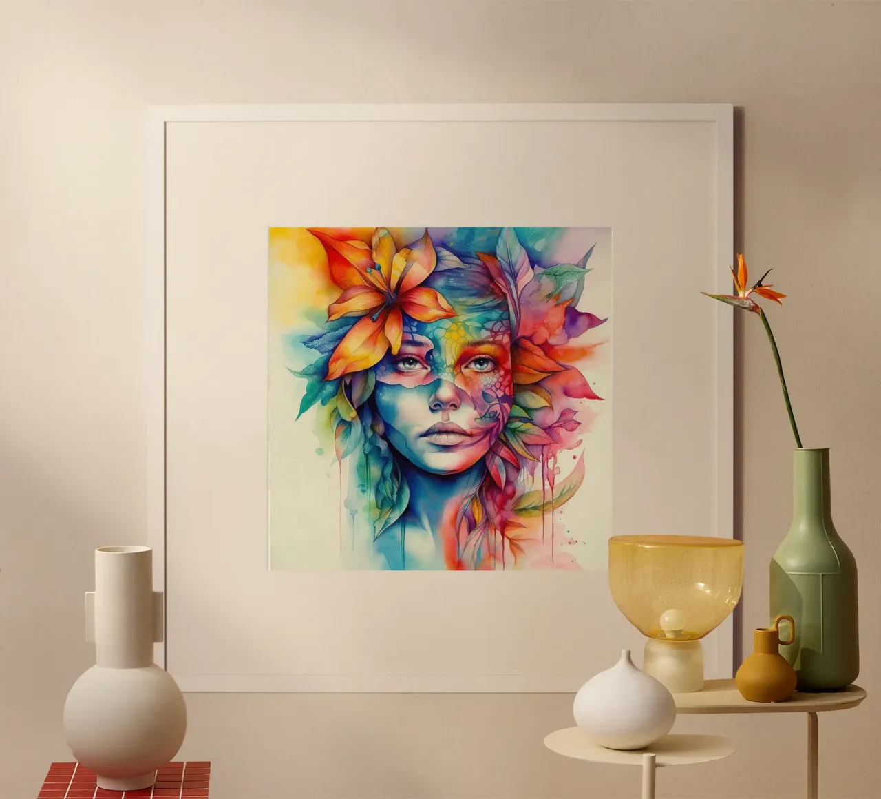 Acquerello Donna tropicale poster con telaio in legno da Chromatic Fusion Studio
