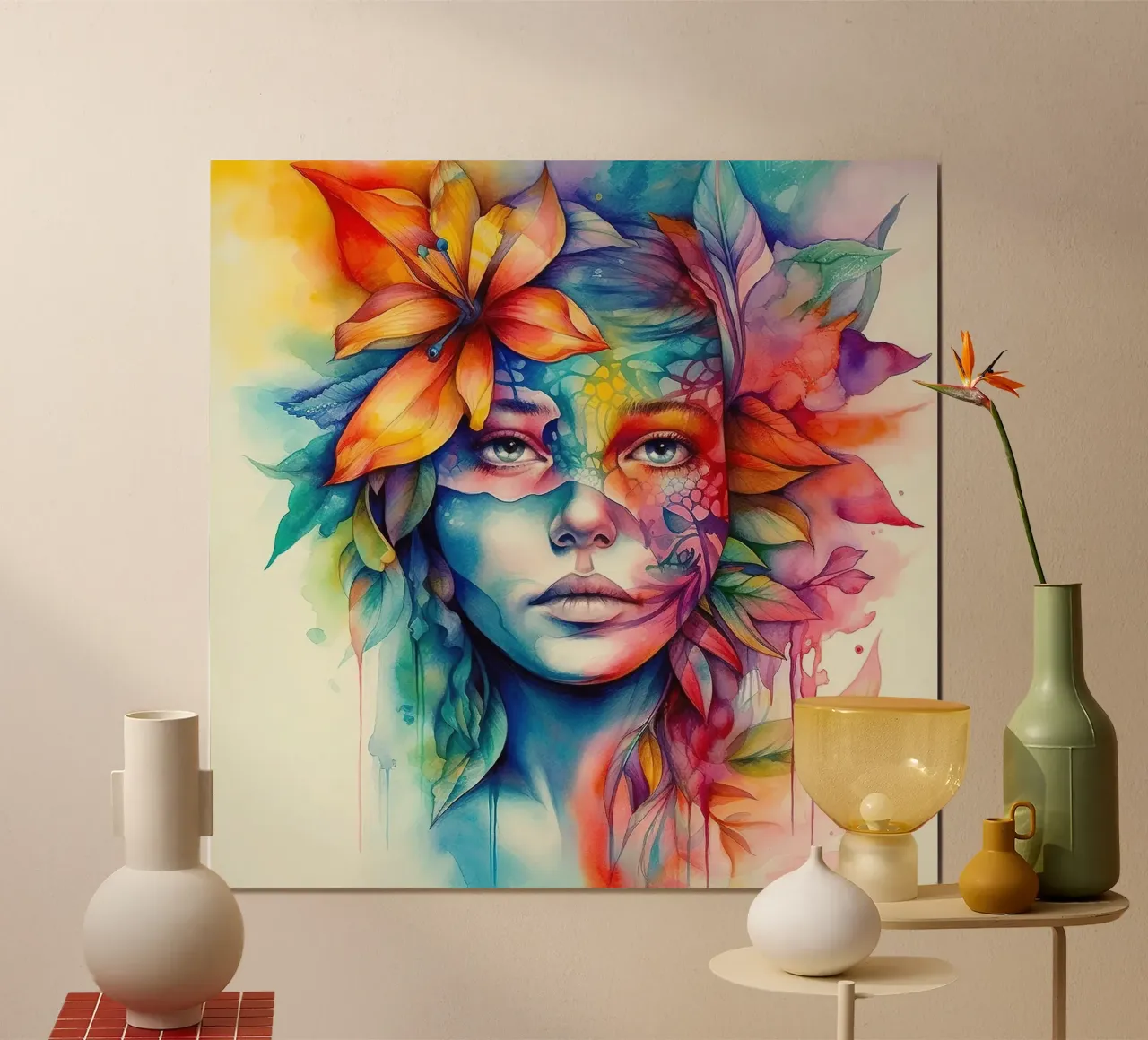 Acquerello Donna tropicale poster con telaio in legno da Chromatic Fusion Studio
