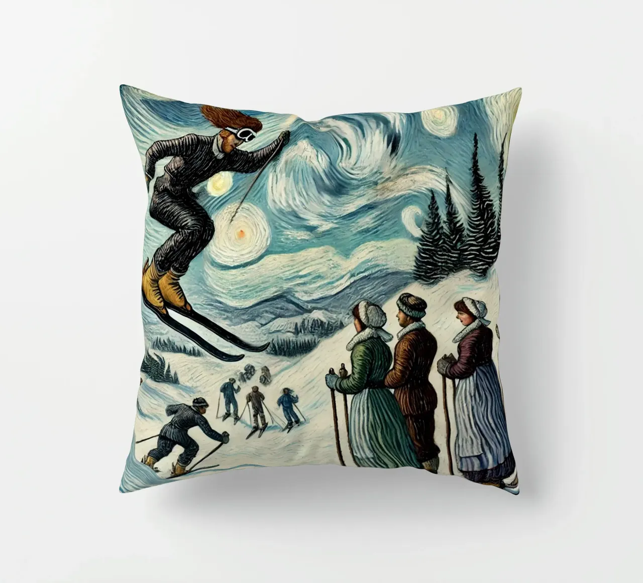 Skiing Witchhunt decorative cushion by Vintage Van Gogh