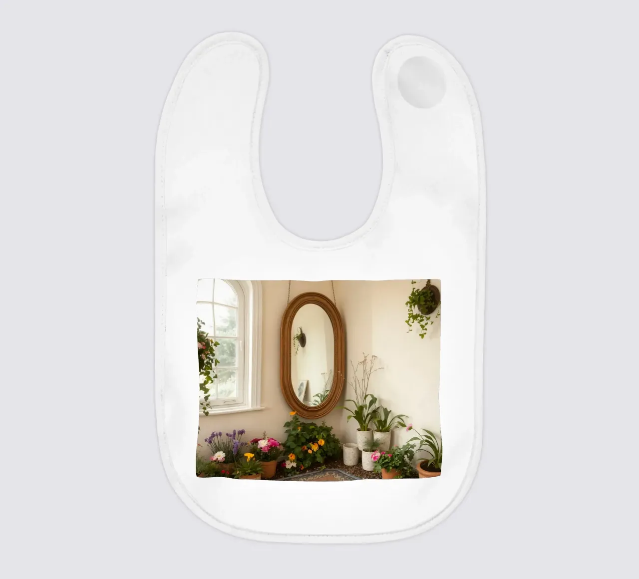 Accogliente spazio interno con piante e uno specchio decorativo bavaglino da DesignDoodle