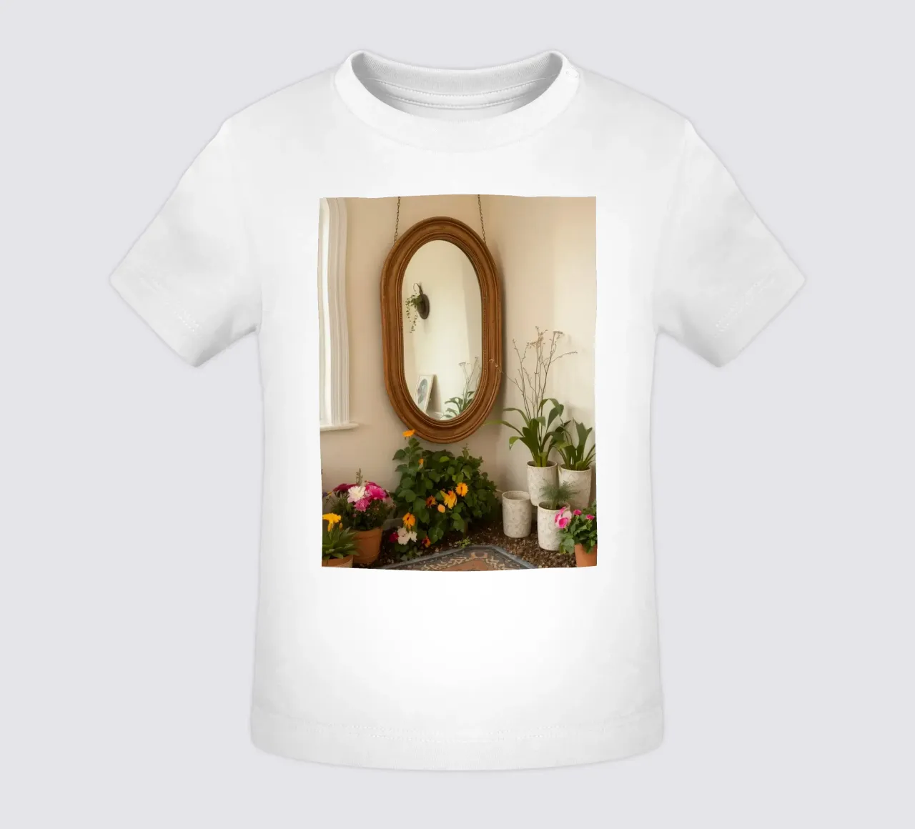 Accogliente spazio interno con piante e uno specchio decorativo maglietta neonato da DesignDoodle