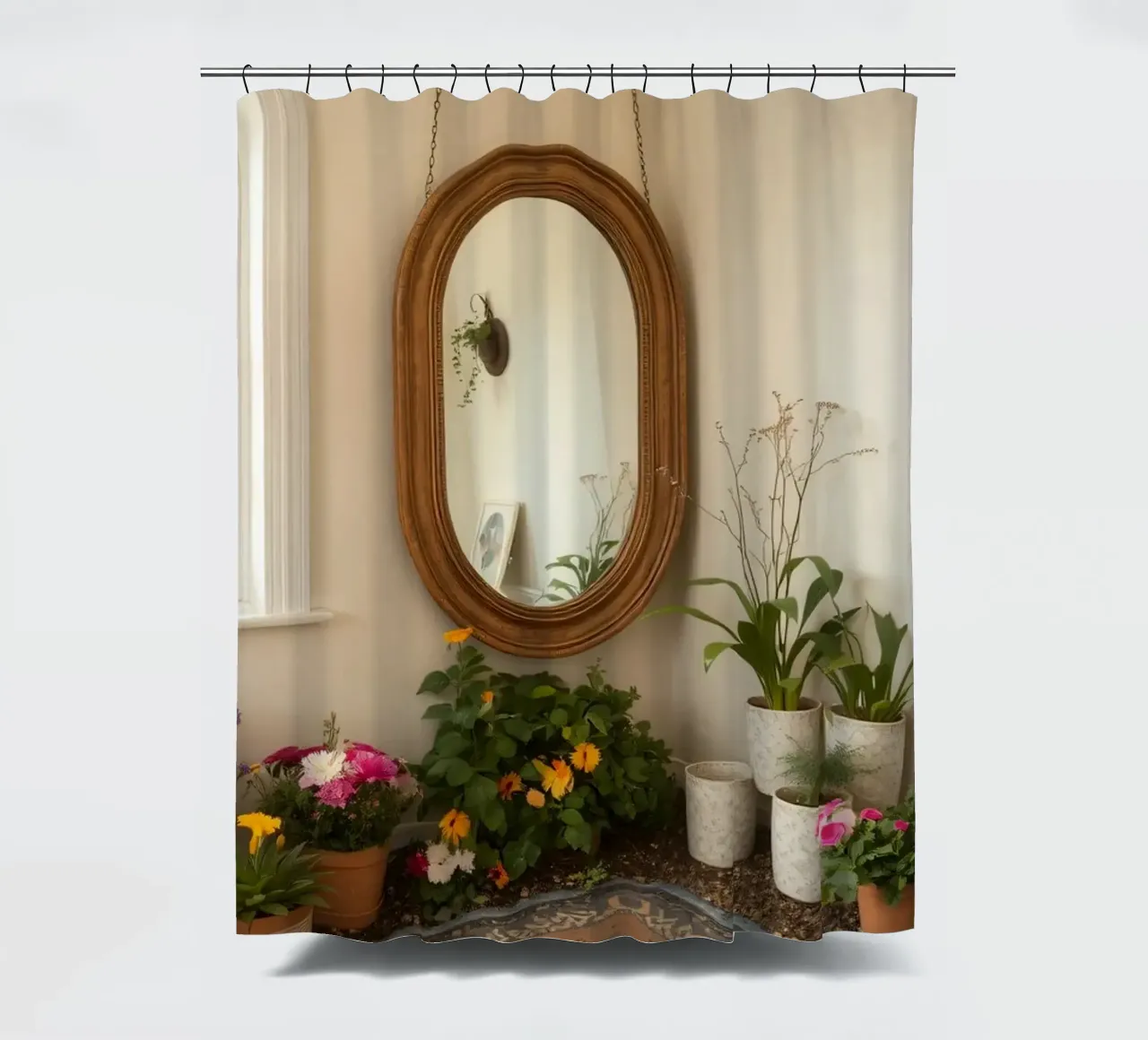 Accogliente spazio interno con piante e uno specchio decorativo tenda da doccia da DesignDoodle