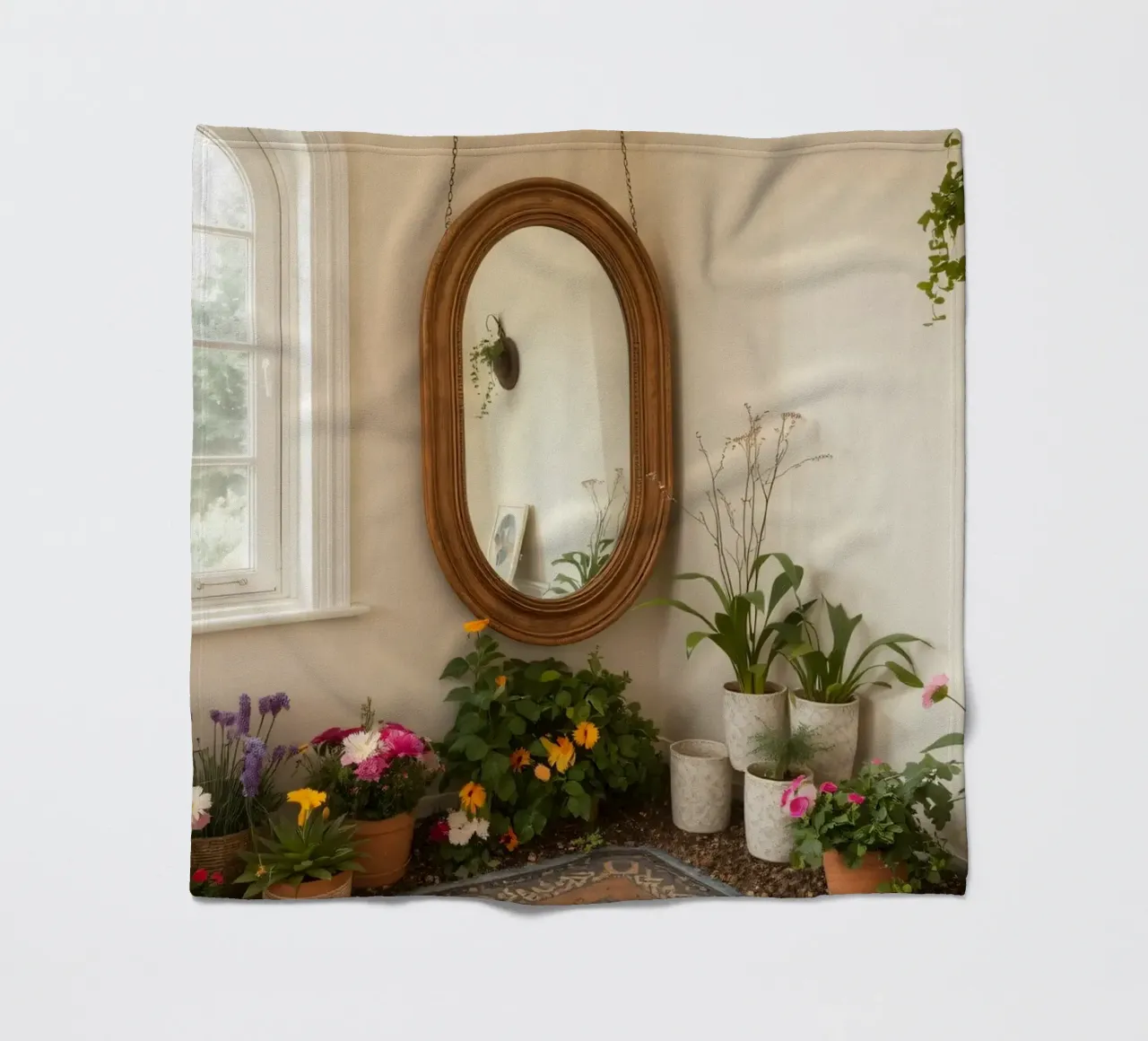 Accogliente spazio interno con piante e uno specchio decorativo coperta in pile da DesignDoodle