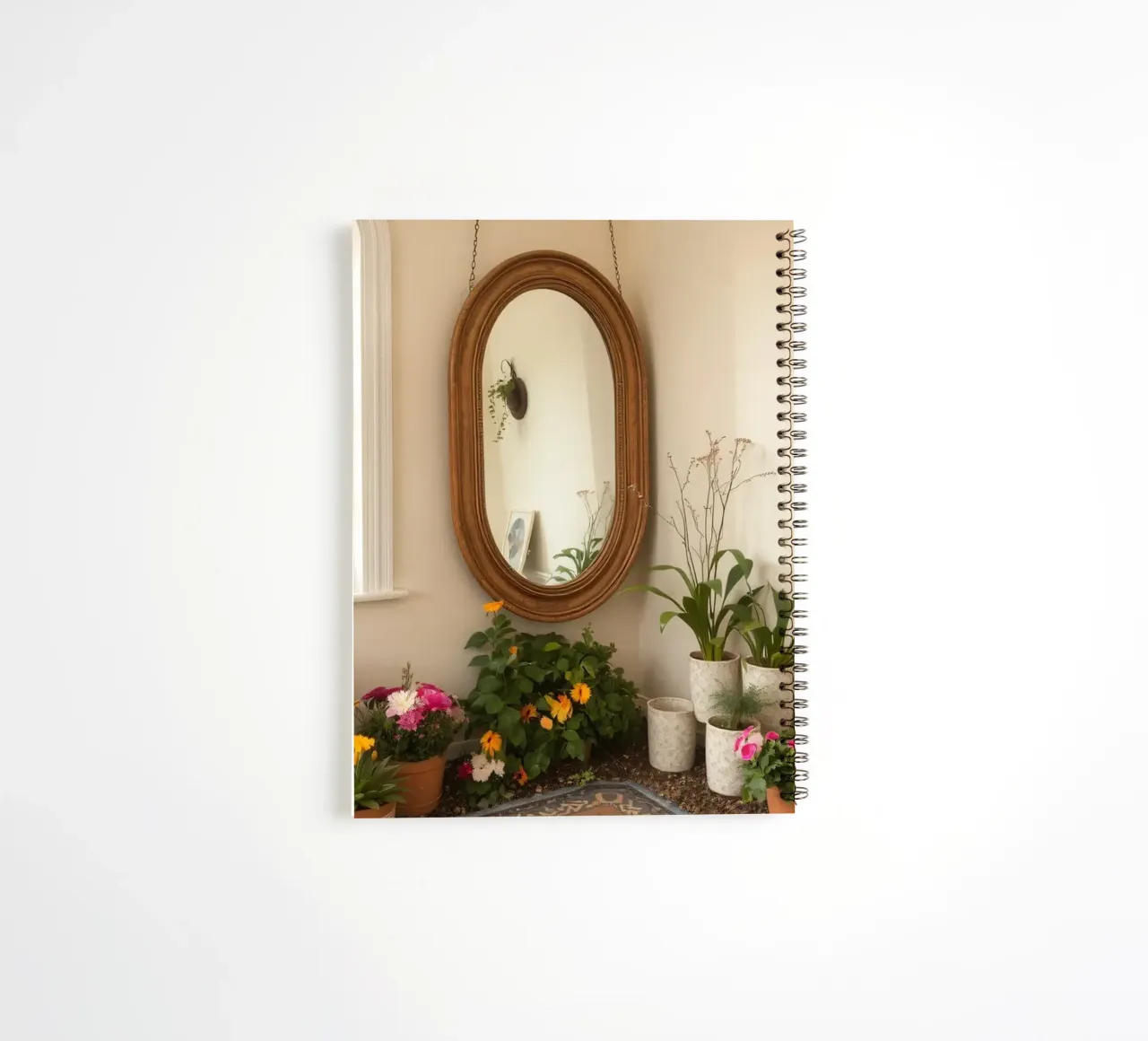Cozy indoor space featuring plants and a decorative mirror spiral notebook by DesignDoodle