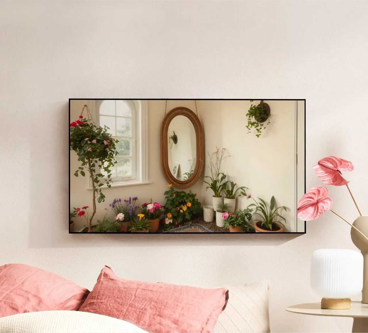Accogliente spazio interno con piante e uno specchio decorativo plexiglass da DesignDoodle
