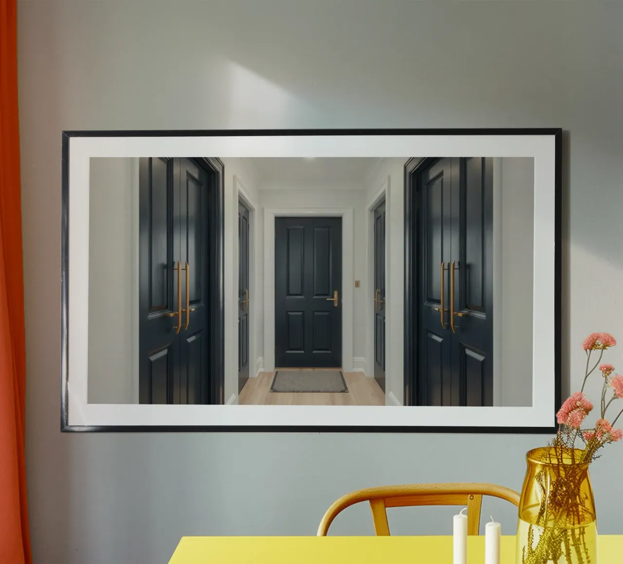 Elegante corridoio con porte blu scuro e arredamento moderno poster con telaio in plastica da DesignDoodle