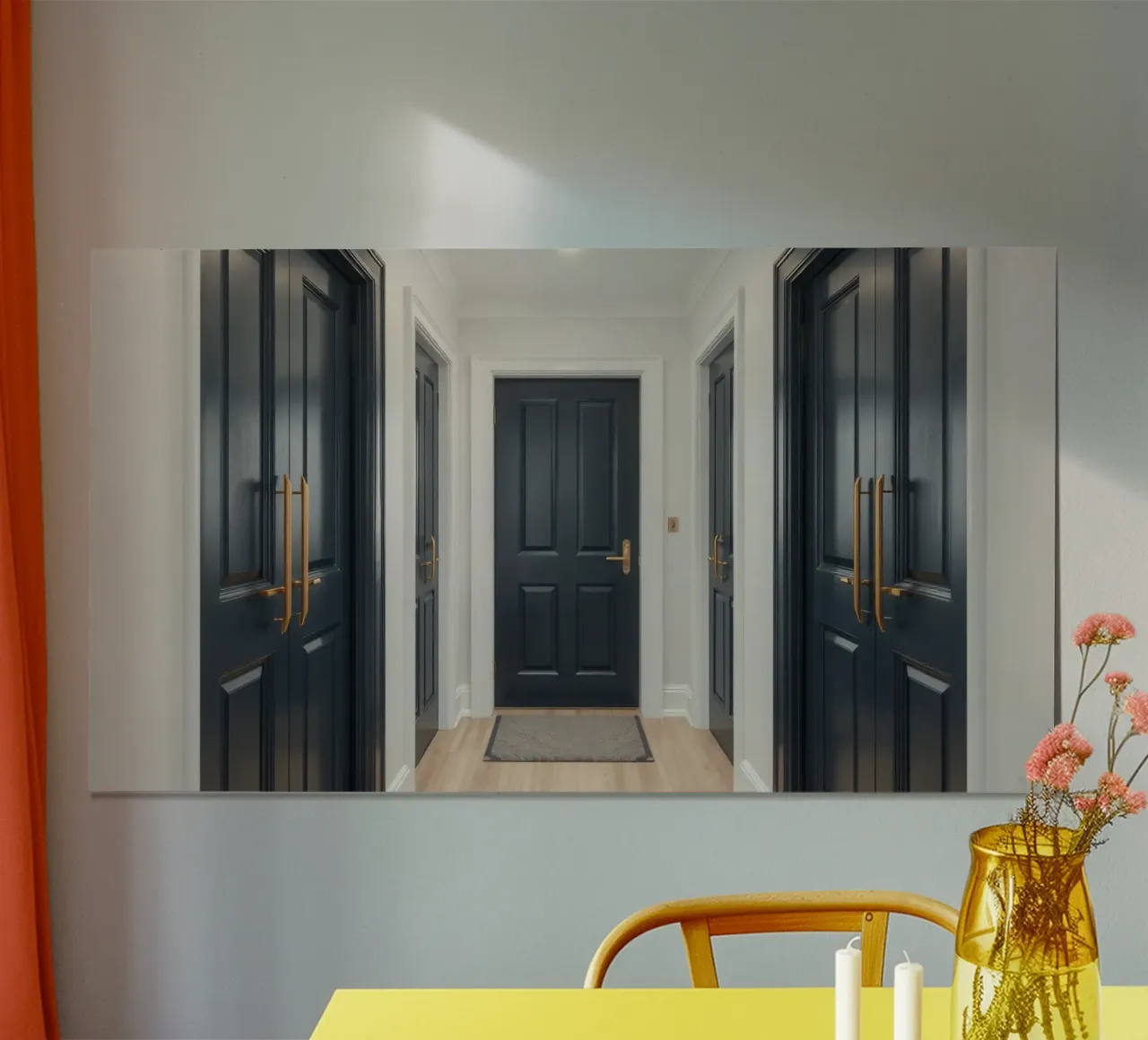 Elegante corridoio con porte blu scuro e arredamento moderno poster con telaio in plastica da DesignDoodle