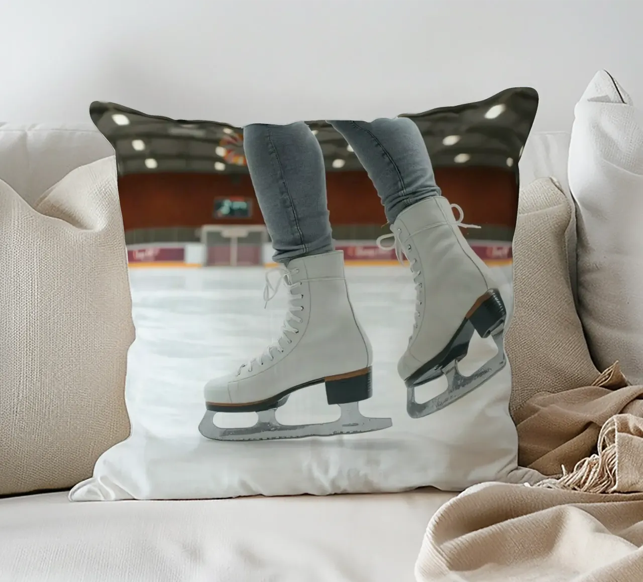 Skater glides effortlessly across the ice at a local rink decorative cushion by DesignDoodle