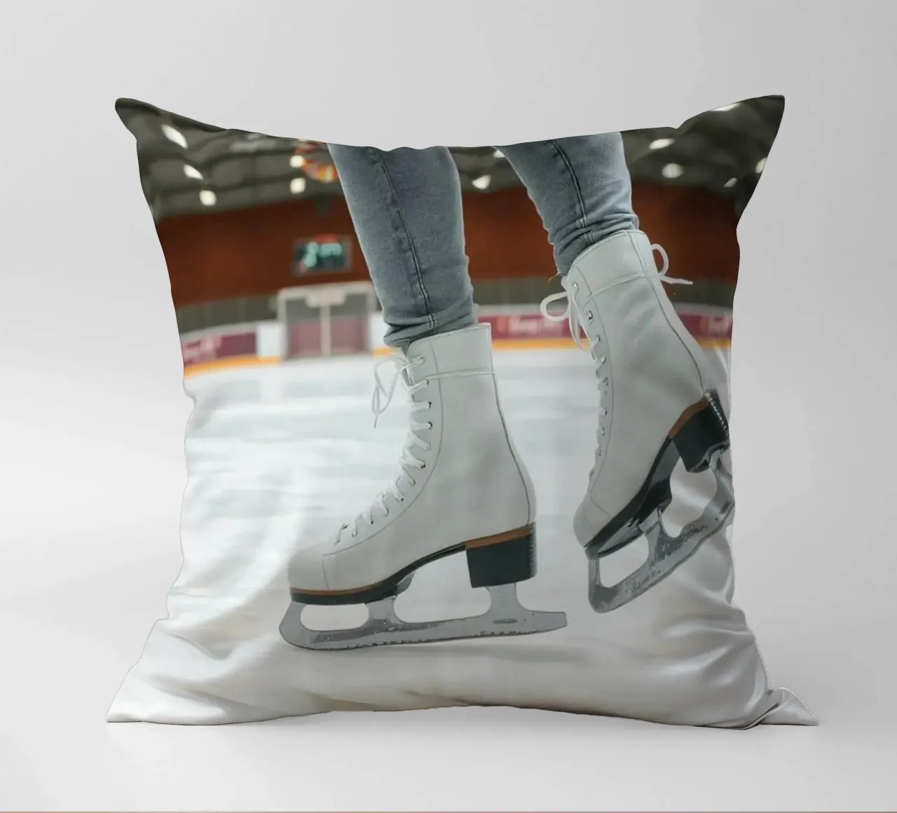 Skater glides effortlessly across the ice at a local rink decorative cushion by DesignDoodle
