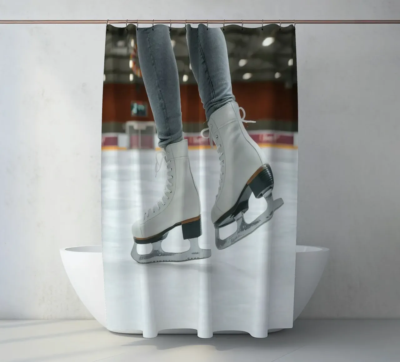 Skater glides effortlessly across the ice at a local rink shower curtain by DesignDoodle