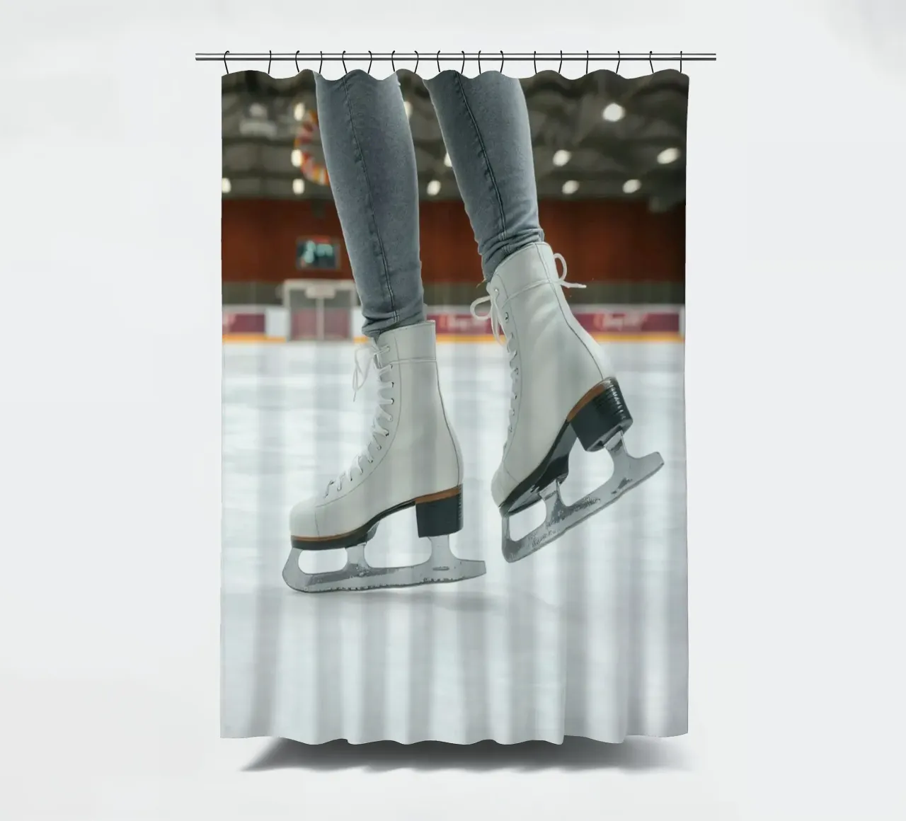Skater glides effortlessly across the ice at a local rink shower curtain by DesignDoodle
