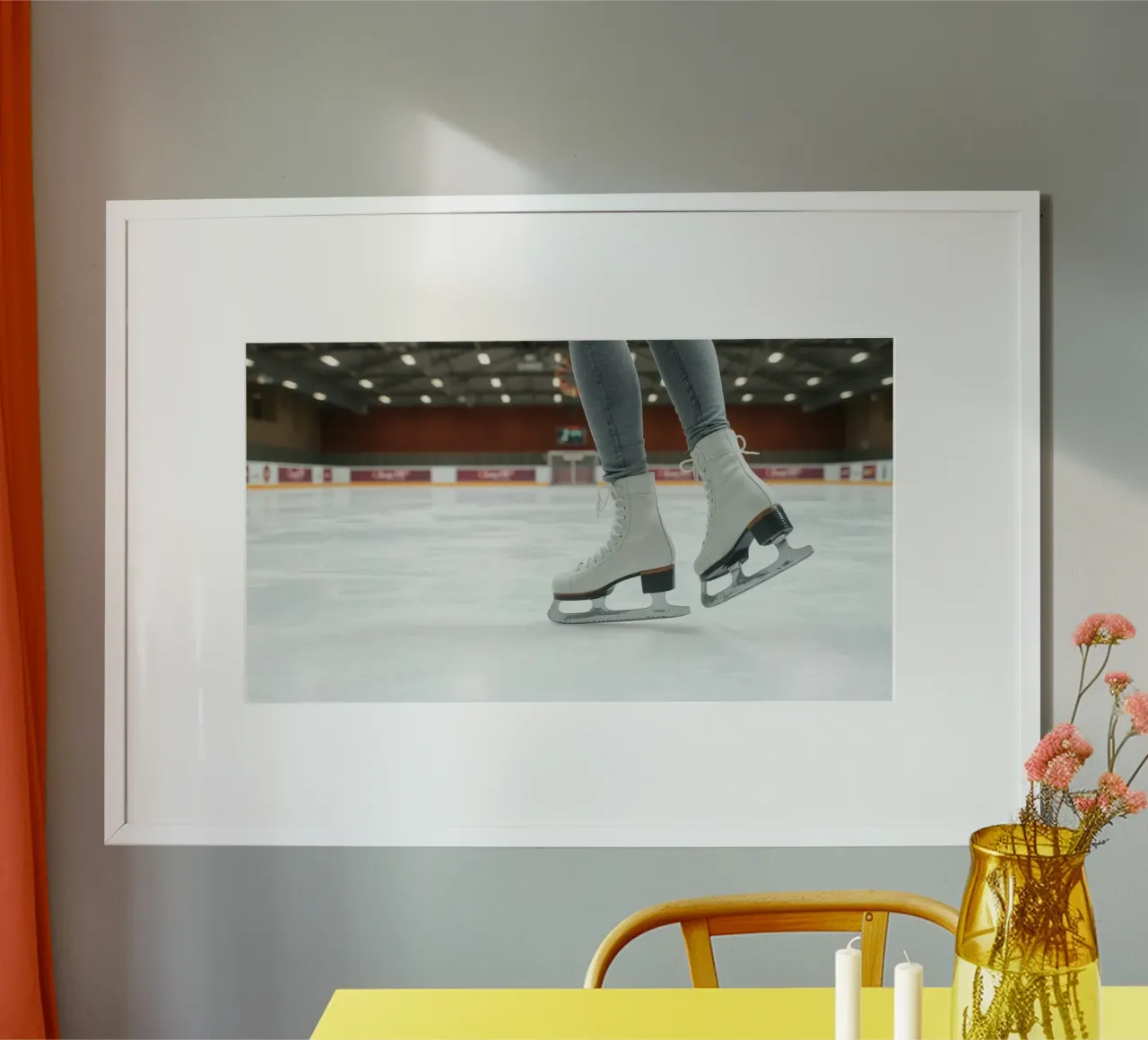 Una pattinatrice scivola senza sforzo sul ghiaccio di una pista locale poster con telaio in legno da DesignDoodle