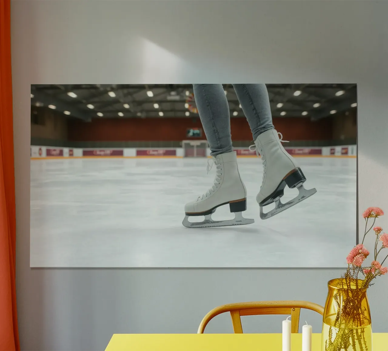 Una pattinatrice scivola senza sforzo sul ghiaccio di una pista locale poster con telaio in legno da DesignDoodle