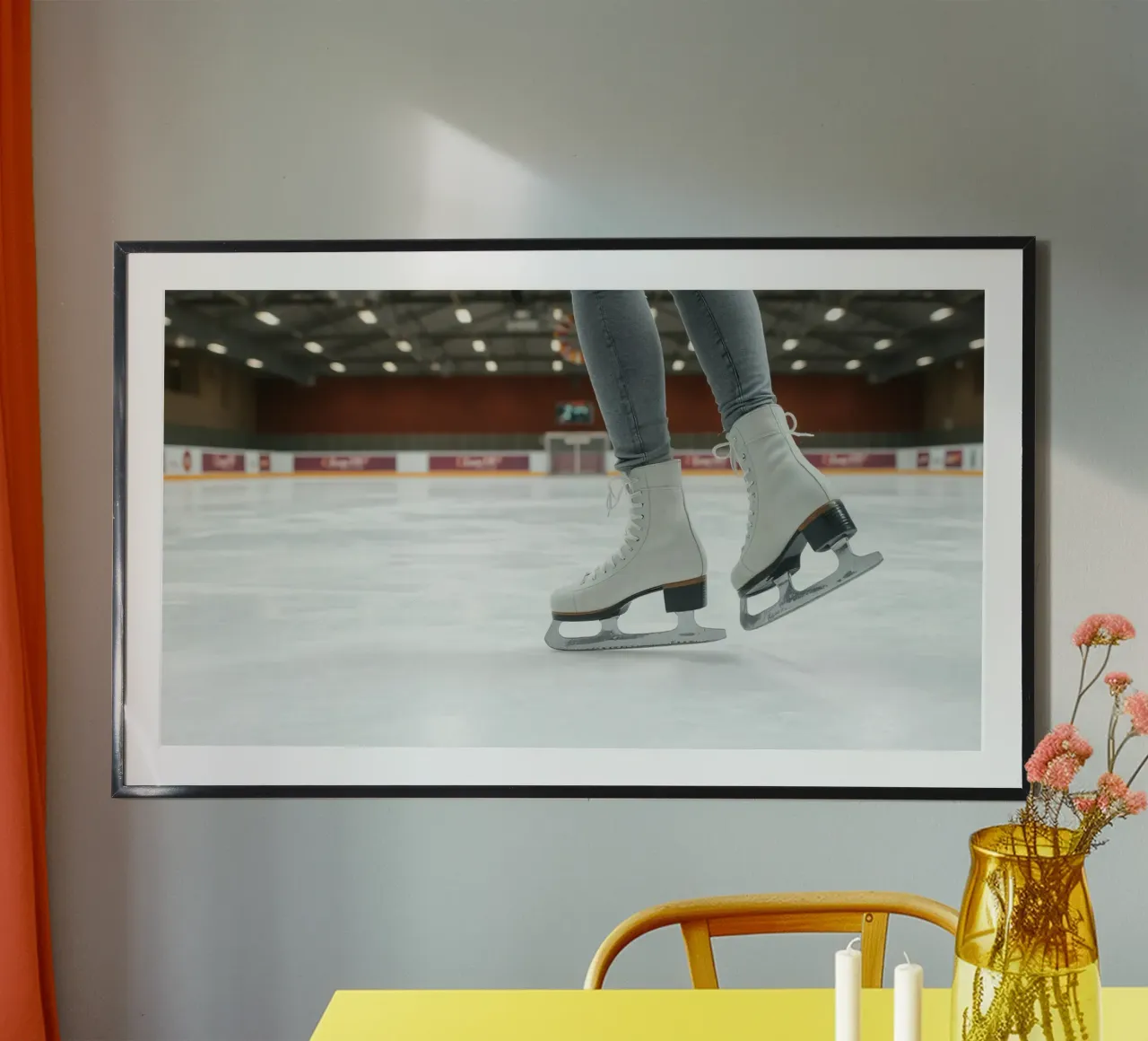 Una pattinatrice scivola senza sforzo sul ghiaccio di una pista locale poster con telaio in legno da DesignDoodle