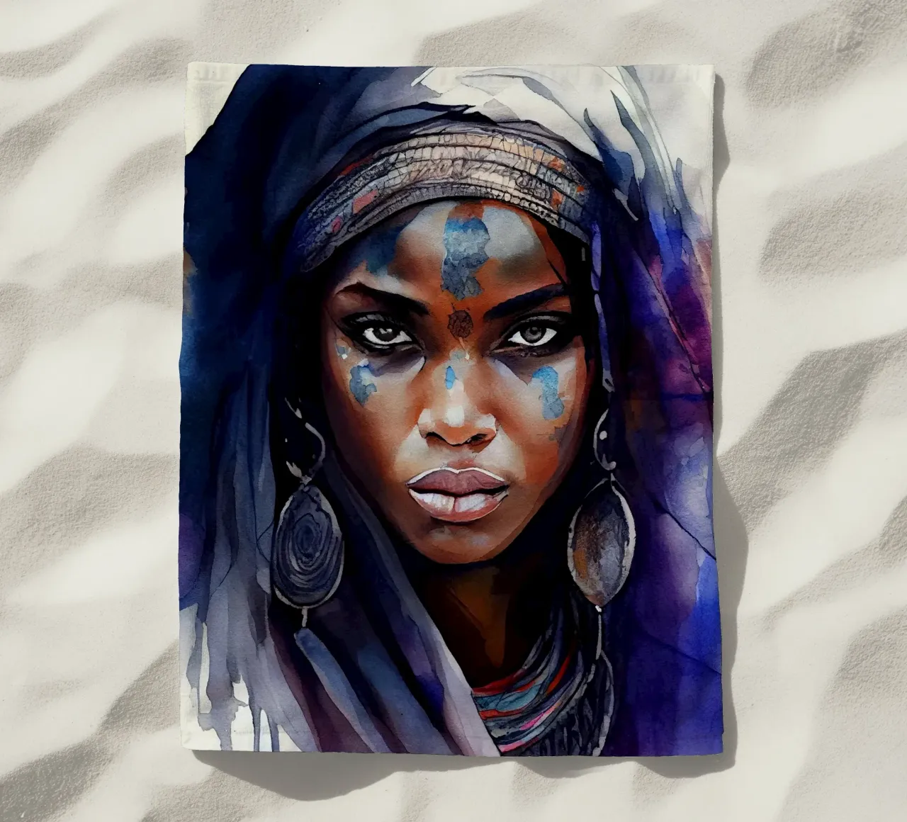Acquerello Donna Tuareg telo mare da Chromatic Fusion Studio