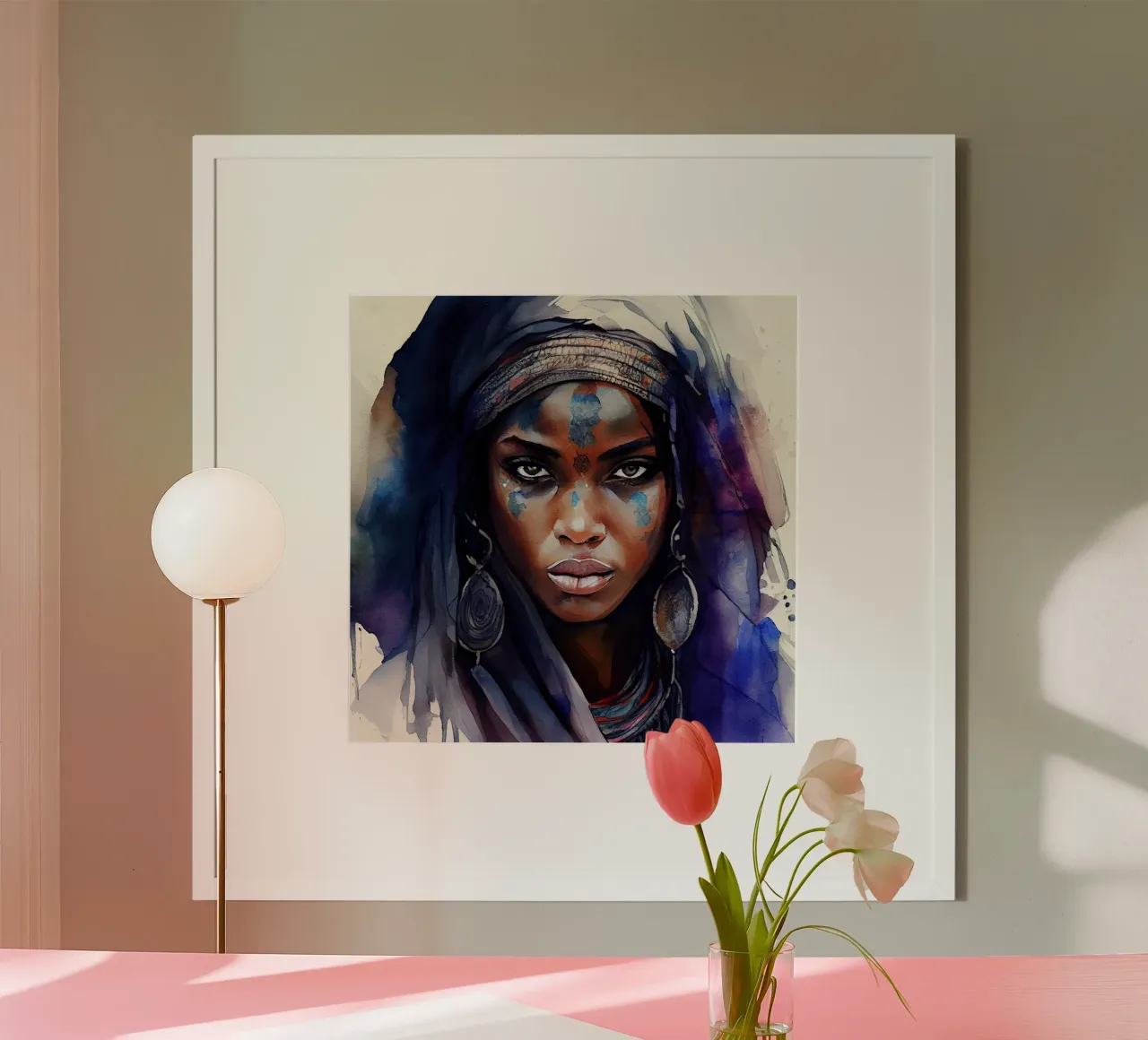 Acquerello Donna Tuareg poster con telaio in alluminio da Chromatic Fusion Studio