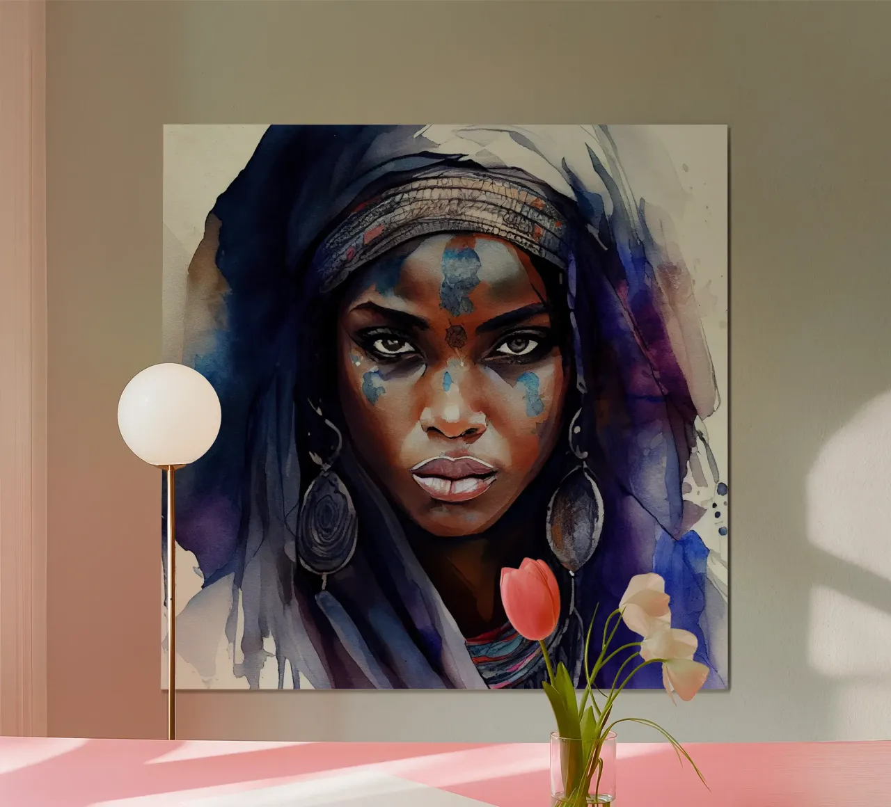 Acquerello Donna Tuareg poster con telaio in alluminio da Chromatic Fusion Studio