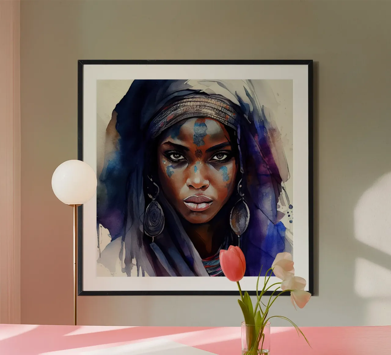 Acquerello Donna Tuareg poster con telaio in alluminio da Chromatic Fusion Studio