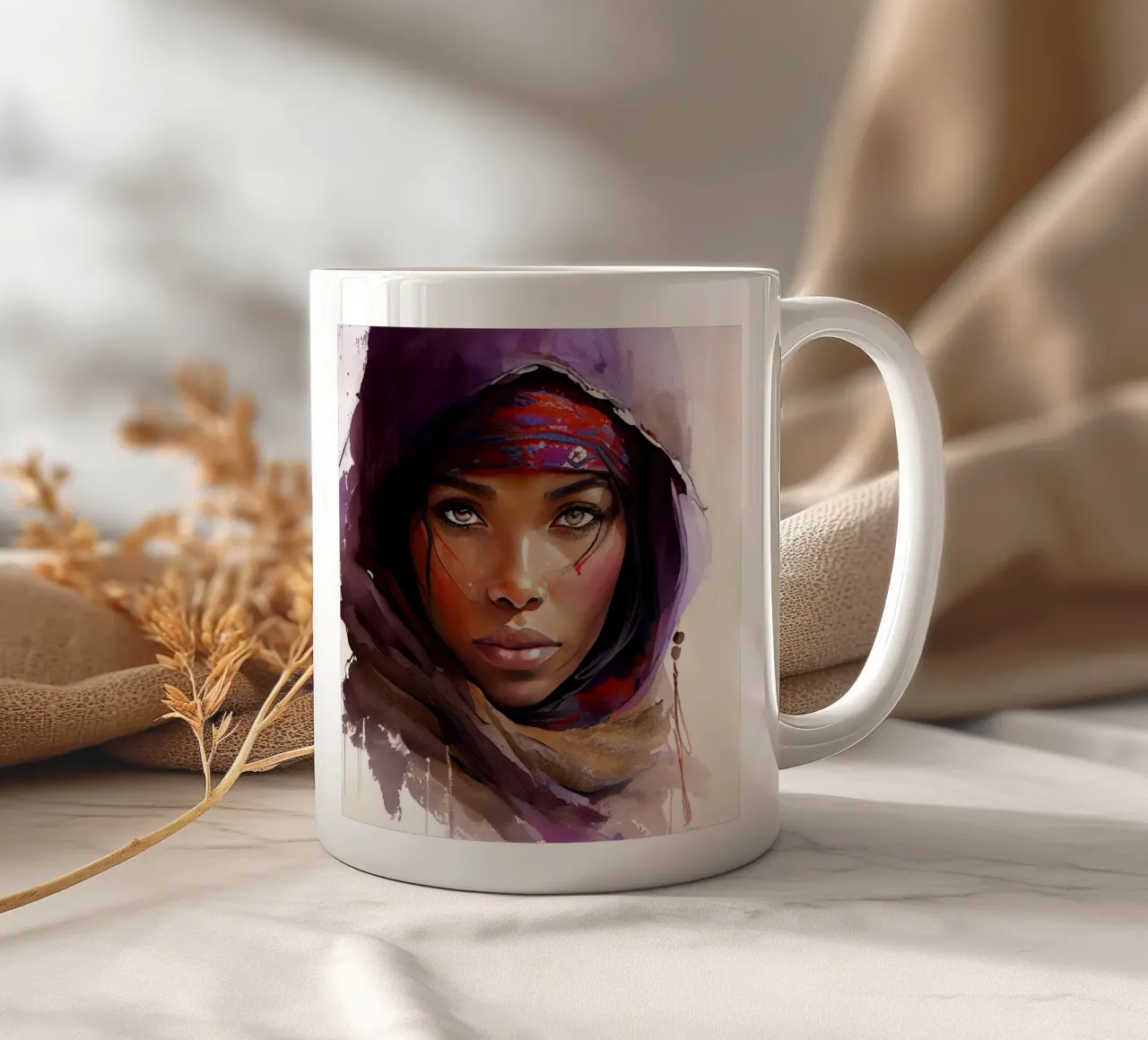 Acquerello Donna Tuareg tazza in ceramica da Chromatic Fusion Studio