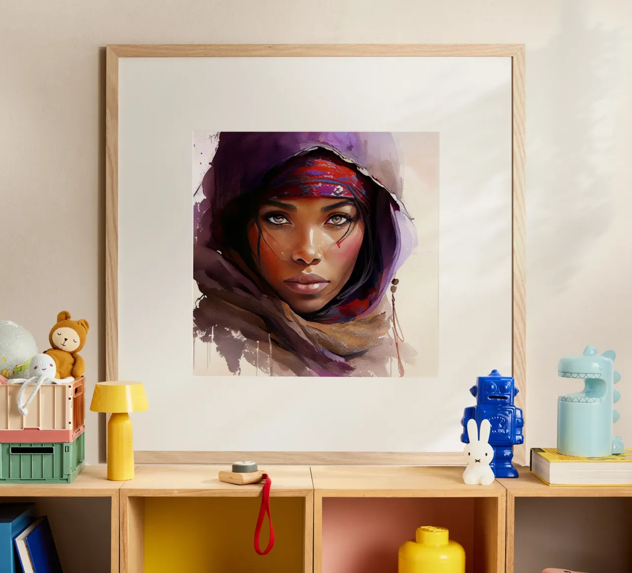 Mujer tuareg en acuarela poster con marco de aluminio de Chromatic Fusion Studio