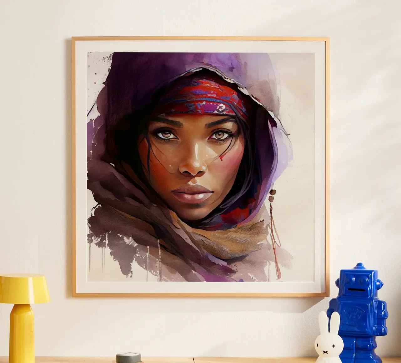 Mujer tuareg en acuarela poster con marco de aluminio de Chromatic Fusion Studio