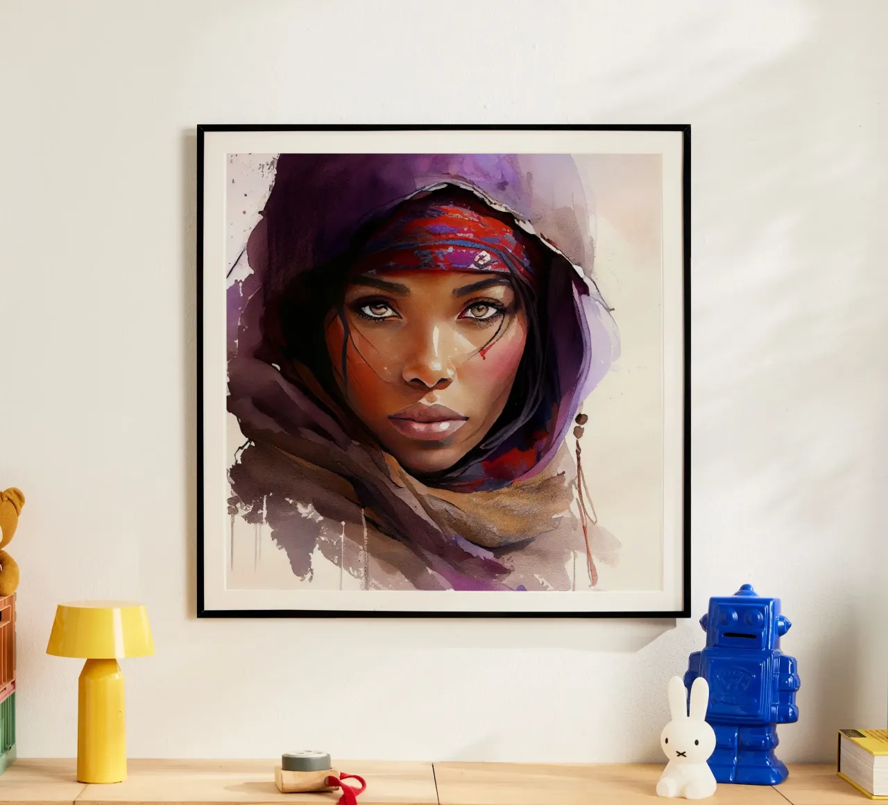 Mujer tuareg en acuarela poster con marco de aluminio de Chromatic Fusion Studio