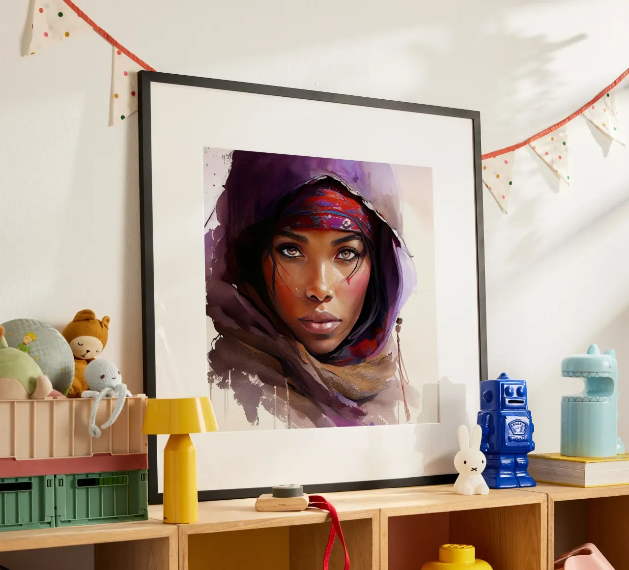 Mujer tuareg en acuarela poster con marco de aluminio de Chromatic Fusion Studio