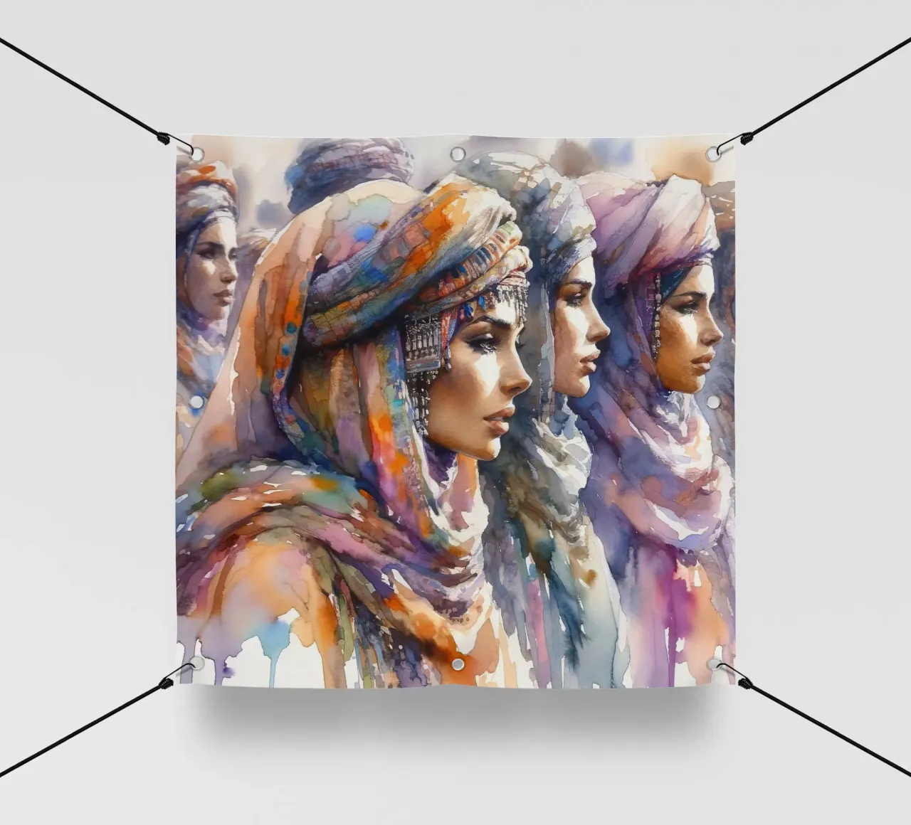 Acquerello Donne Tuareg telo in pvc da Chromatic Fusion Studio