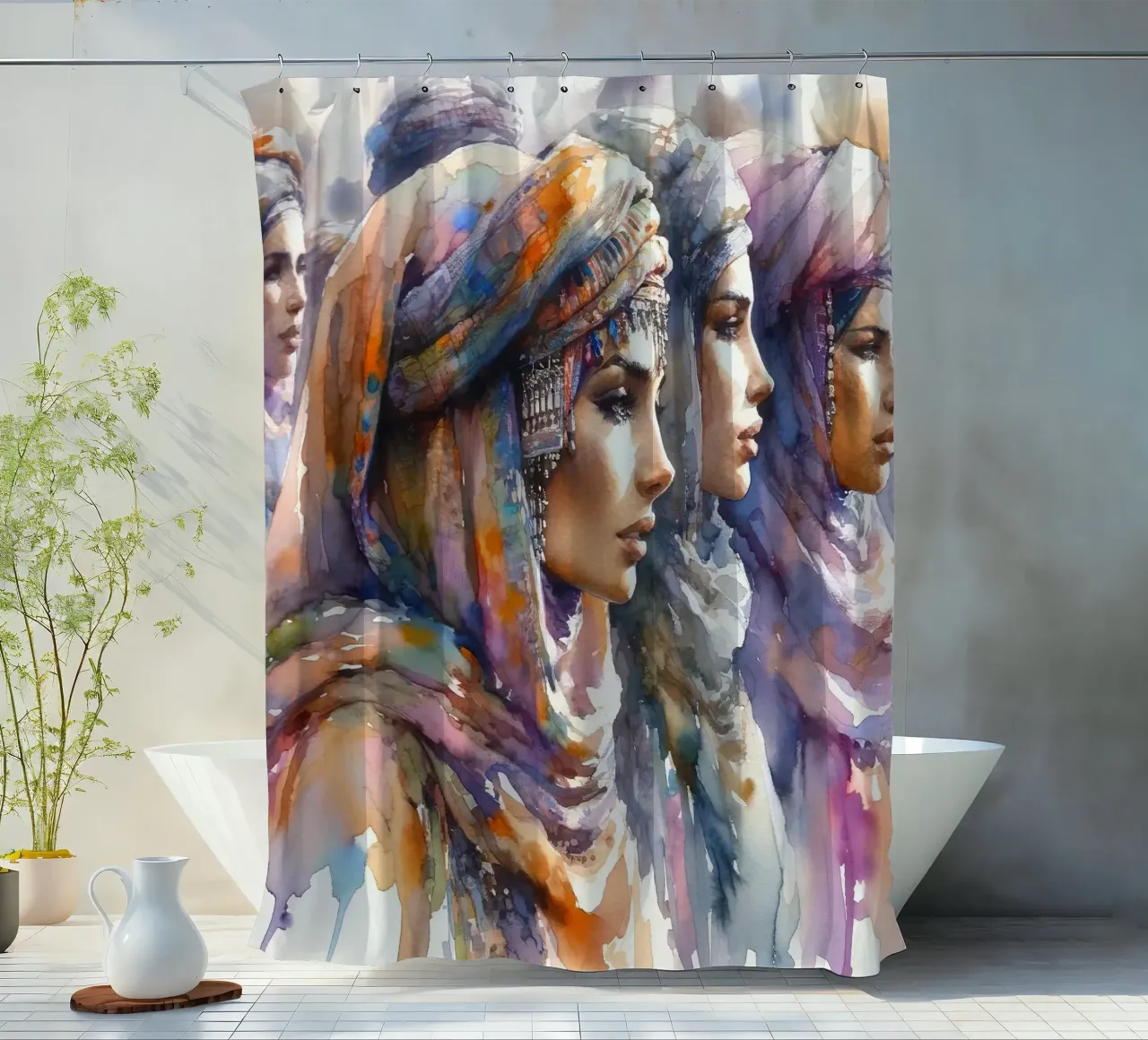 Watercolor Tuareg Women shower curtain by Chromatic Fusion Studio