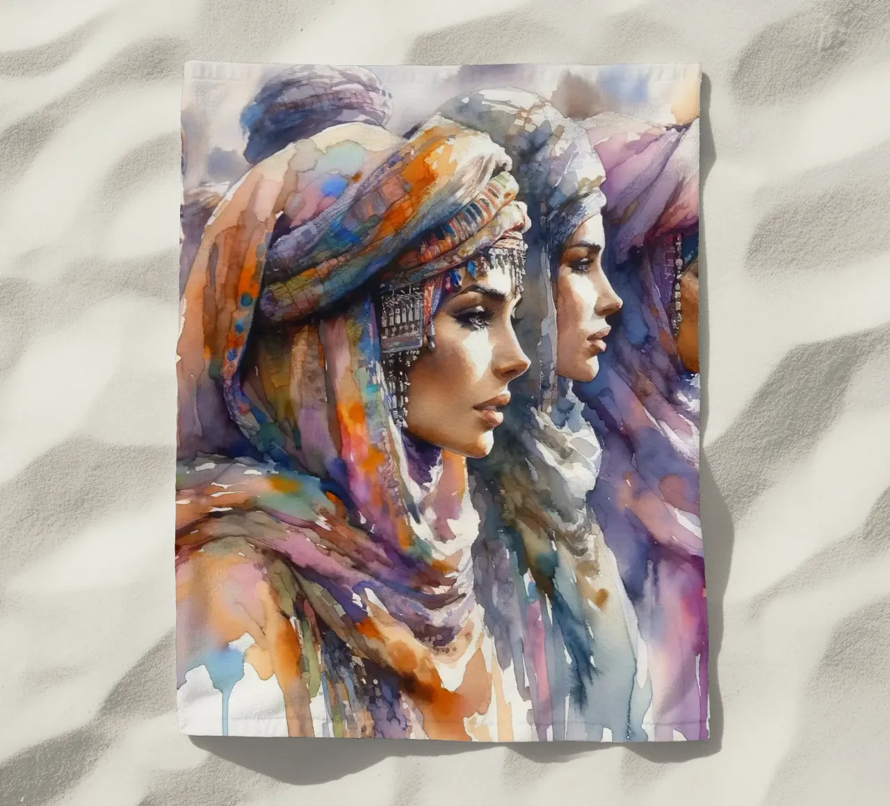 Acquerello Donne Tuareg telo mare da Chromatic Fusion Studio