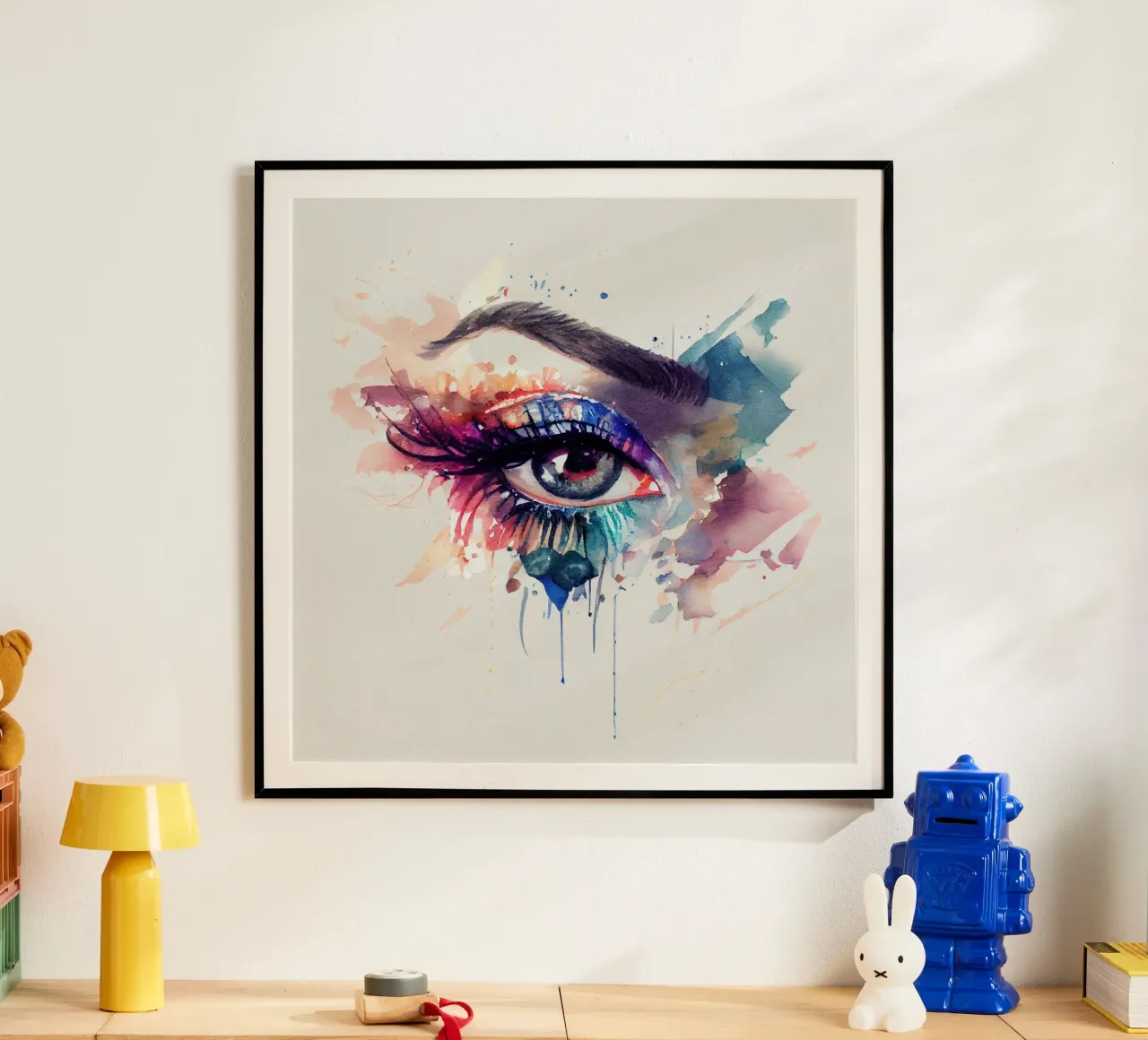 Acquerello Donna Occhio poster con telaio in legno da Chromatic Fusion Studio