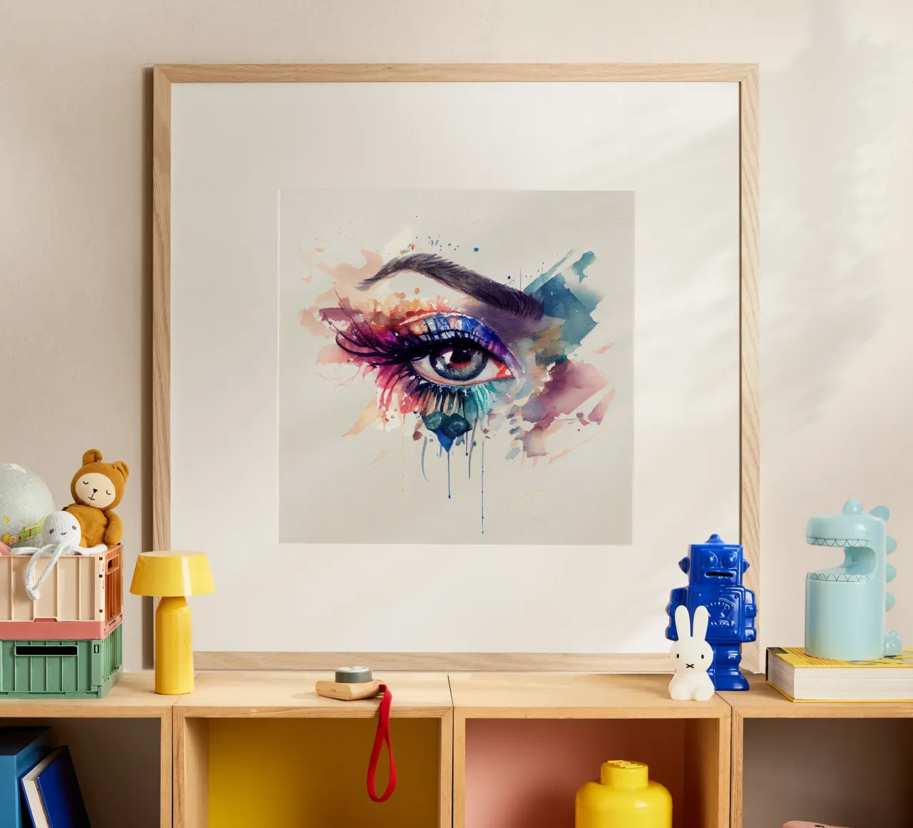 Acquerello Donna Occhio poster con telaio in legno da Chromatic Fusion Studio