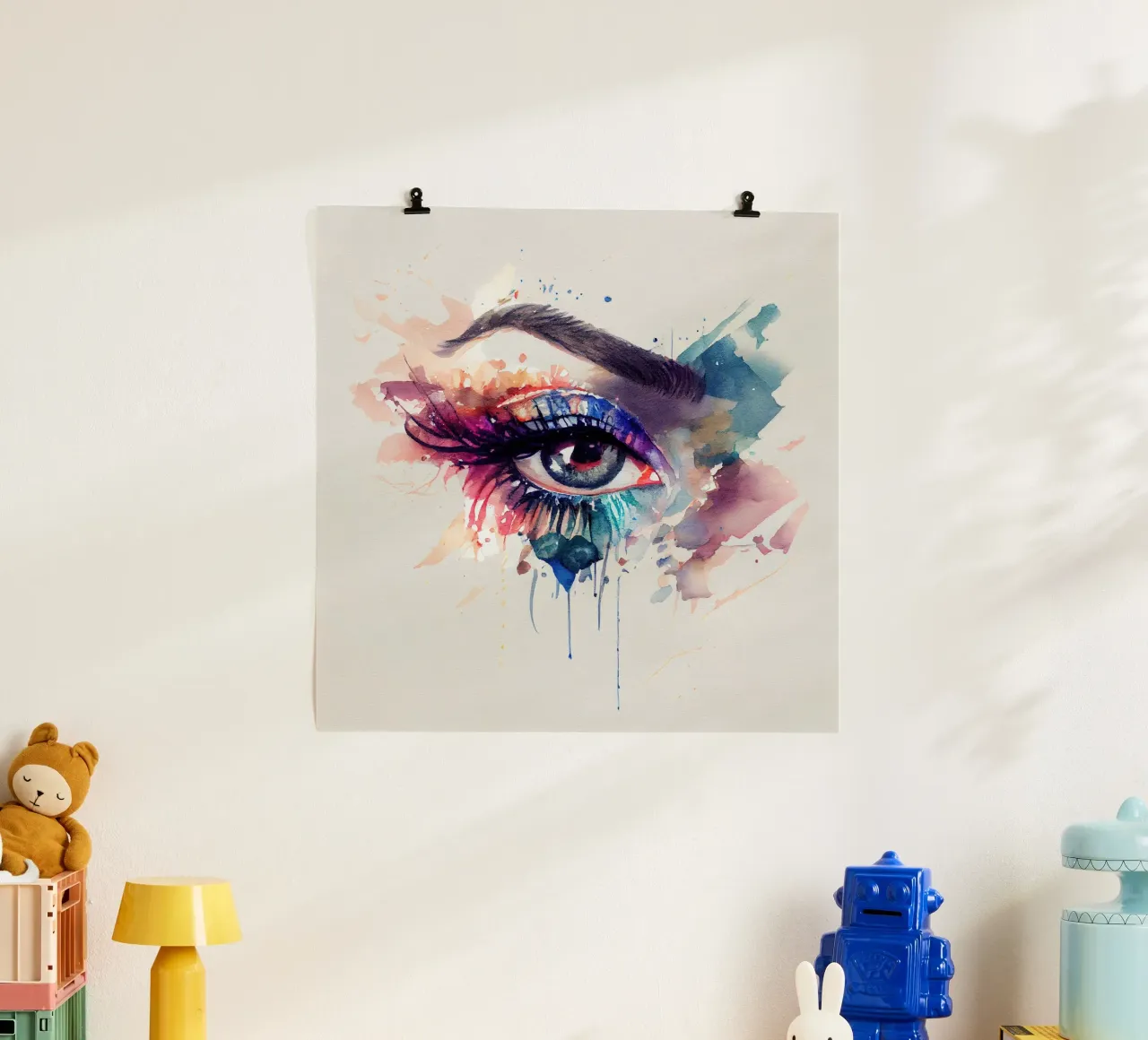 Acquerello Donna Occhio poster con telaio in legno da Chromatic Fusion Studio