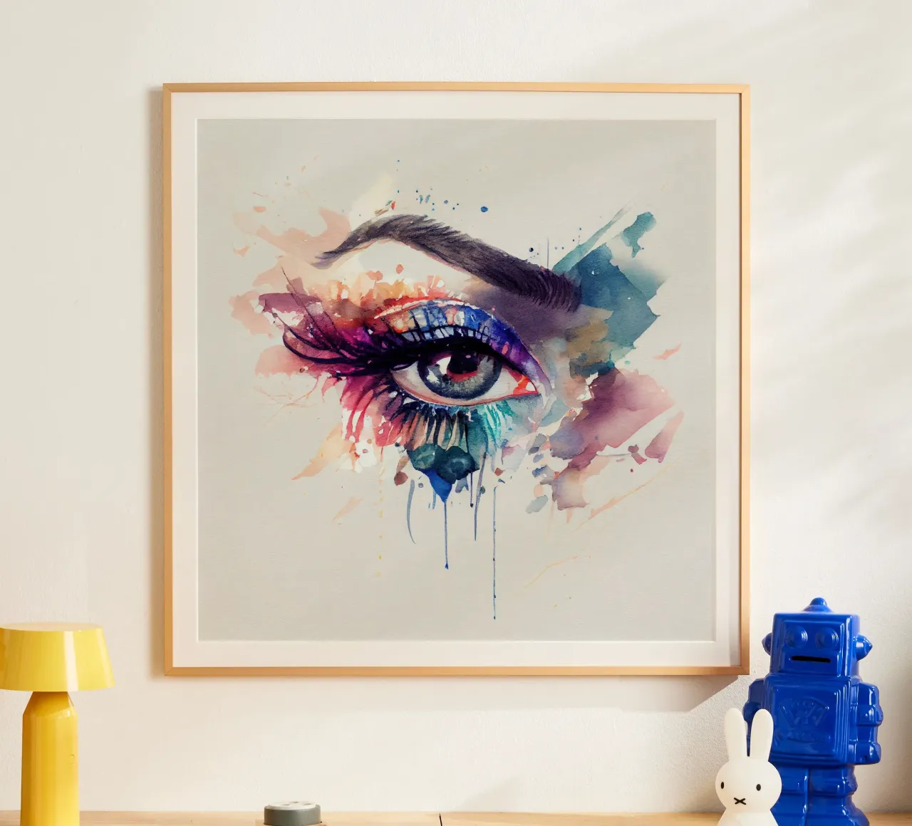 Acquerello Donna Occhio poster con telaio in legno da Chromatic Fusion Studio