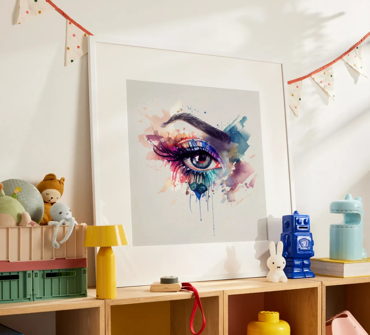 Acquerello Donna Occhio poster con telaio in legno da Chromatic Fusion Studio
