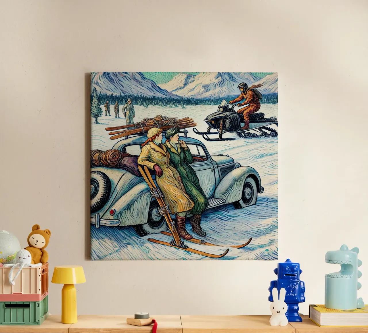Vintage Snow-Mobile canvas met Baklijst van Vintage Van Gogh