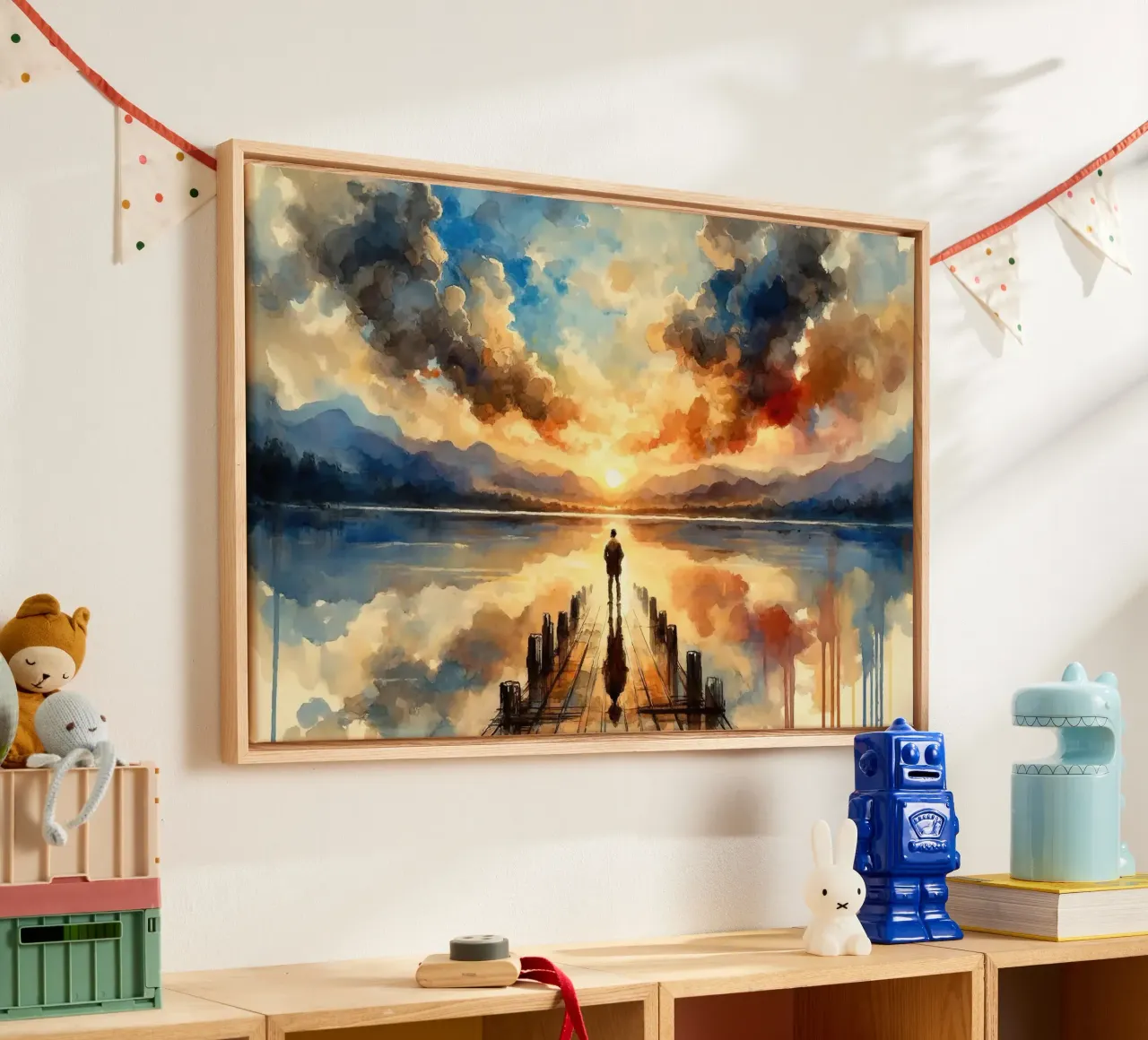 Contemplative Dusk at the Lake's Edge canvas with Floater frame by Chromatic Fusion Studio