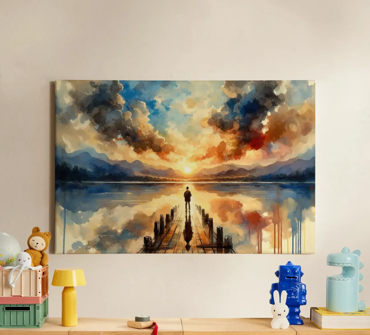 Contemplative Dusk at the Lake's Edge canvas with Floater frame by Chromatic Fusion Studio