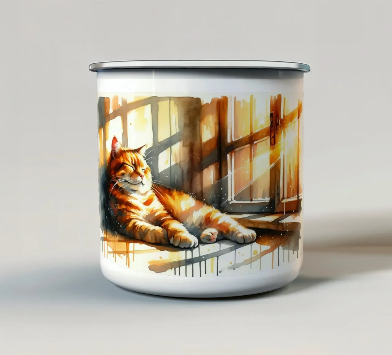 Knusse kat in zonovergoten raam emaille mok van Chromatic Fusion Studio
