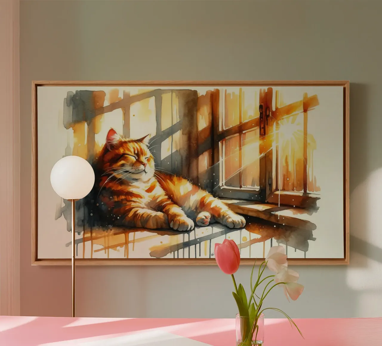 Cozy Cat in Sunlit Window canvas with Floater frame by Chromatic Fusion Studio