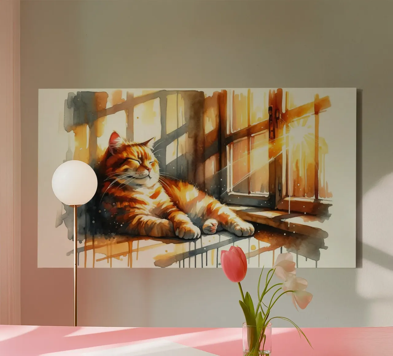 Cozy Cat in Sunlit Window canvas with Floater frame by Chromatic Fusion Studio