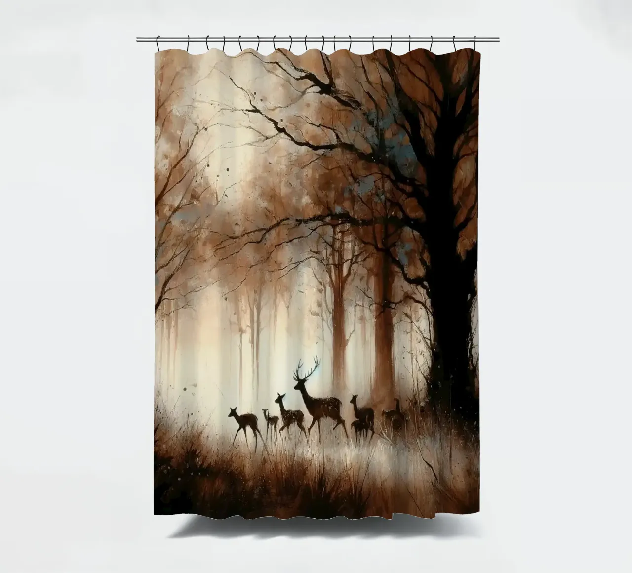 Deer Family in Misty Sepia Forest shower curtain by Chromatic Fusion Studio
