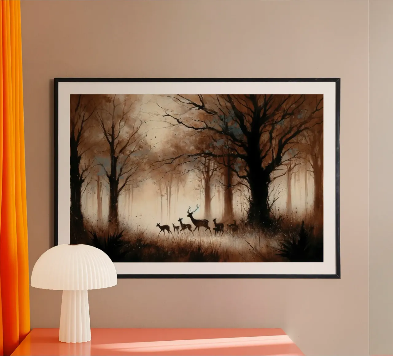 Famiglia di cervi in una foresta nebbiosa color seppia carta hahnemühle da Chromatic Fusion Studio