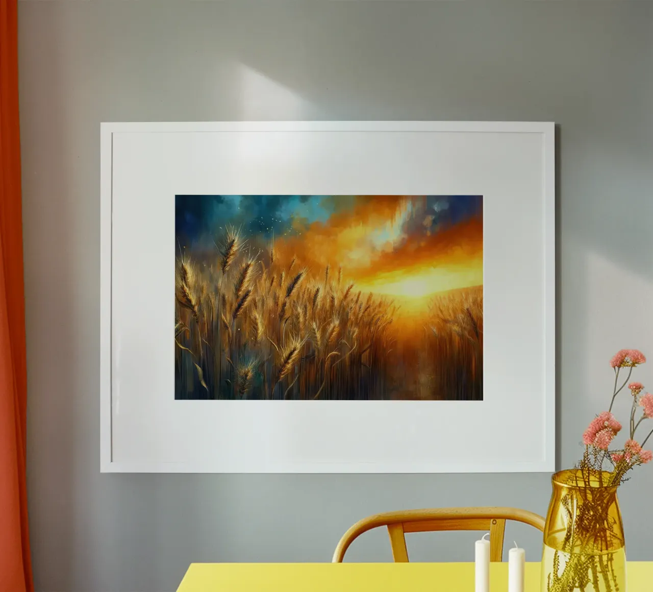 Campo de trigo detallado en un radiante atardecer poster con marco de madera de Chromatic Fusion Studio