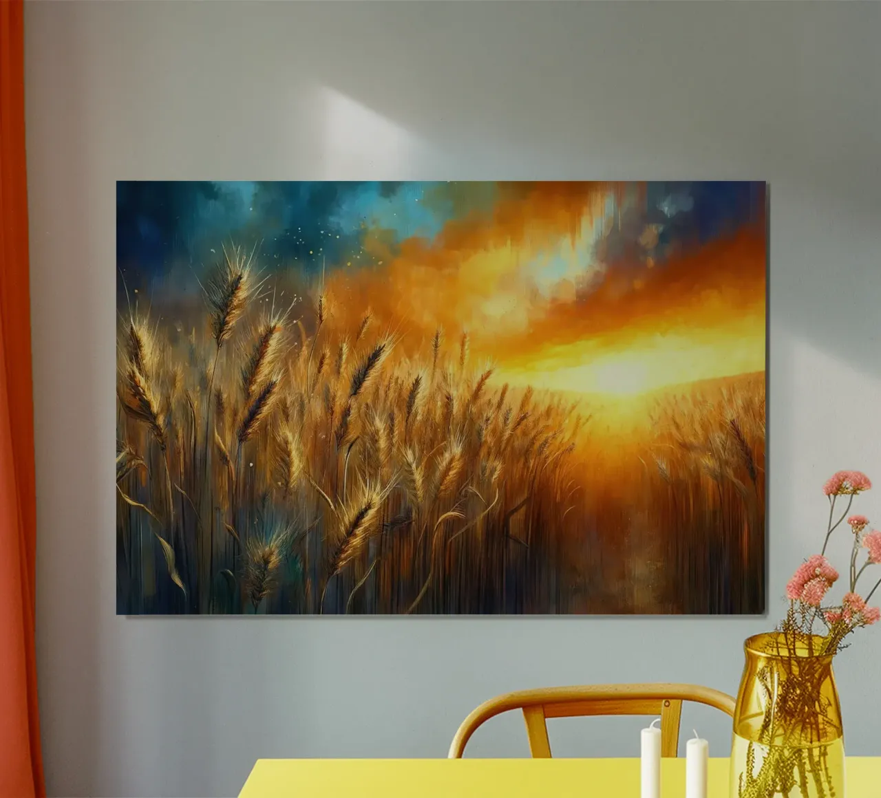 Campo de trigo detallado en un radiante atardecer poster con marco de madera de Chromatic Fusion Studio