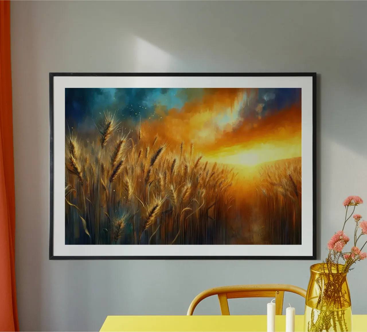 Campo de trigo detallado en un radiante atardecer poster con marco de madera de Chromatic Fusion Studio