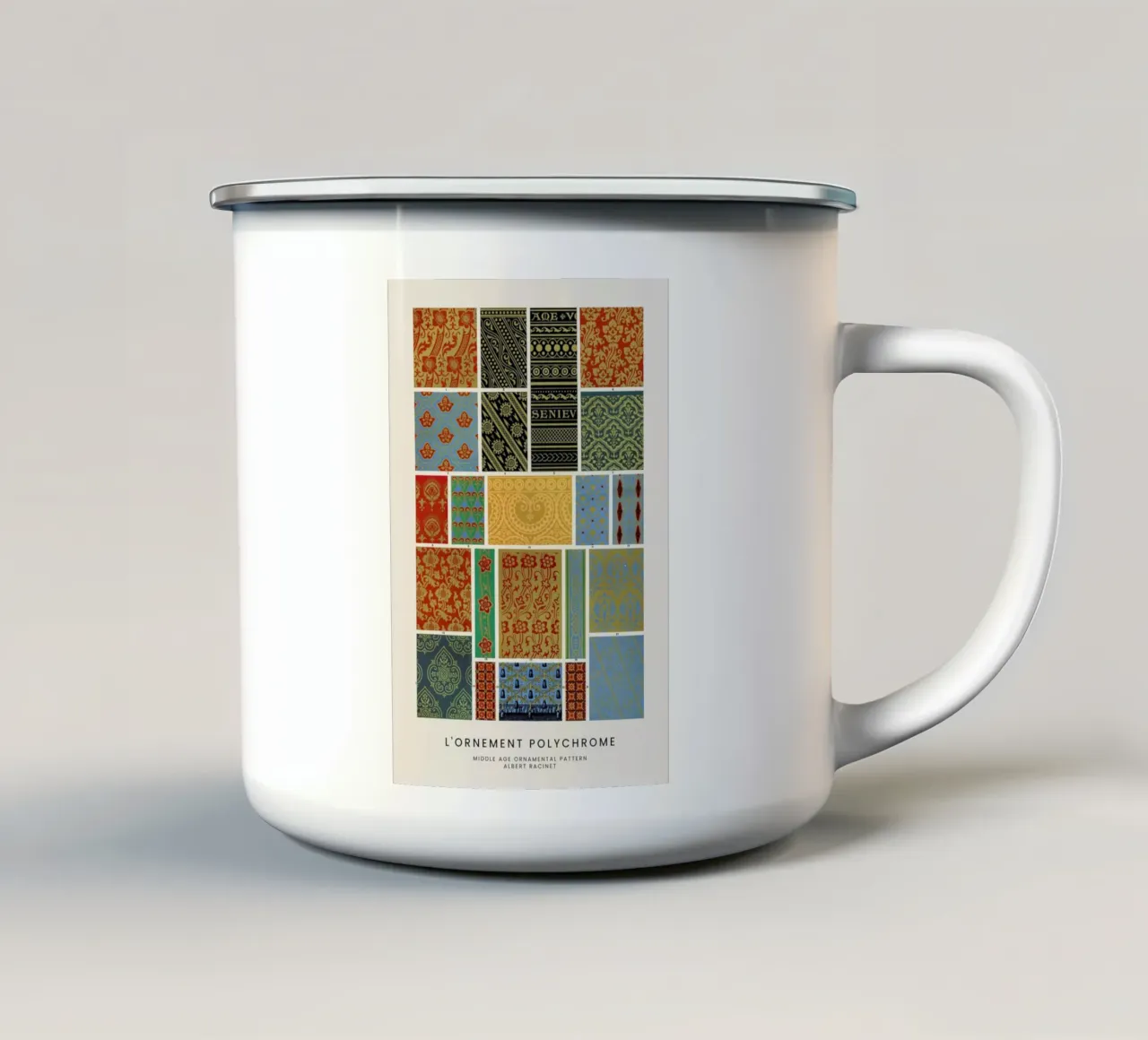 Racinet -  Medieval  Ornamental Pattern III taza de esmalte de Vintage by JUNIQE
