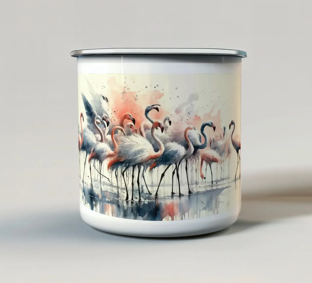 L'eleganza dei fenicotteri a riposo tazza in smalto da Chromatic Fusion Studio